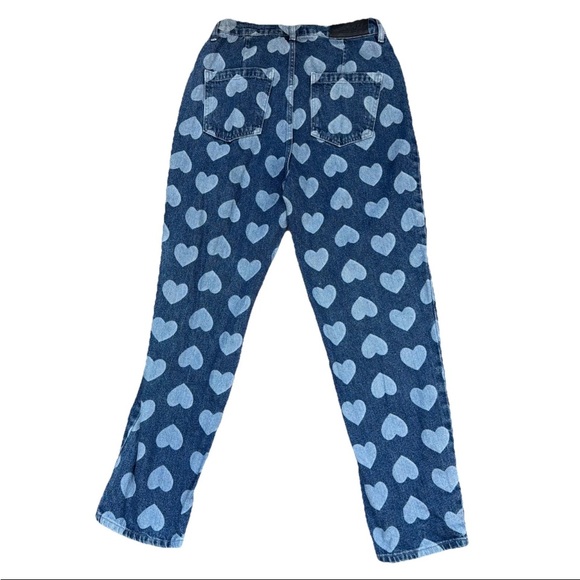 Lazy Oaf Blue Denim Straight Leg Heart Design Hi-Rise SZ 28 Elastic Waist EUC - Picture 2 of 13